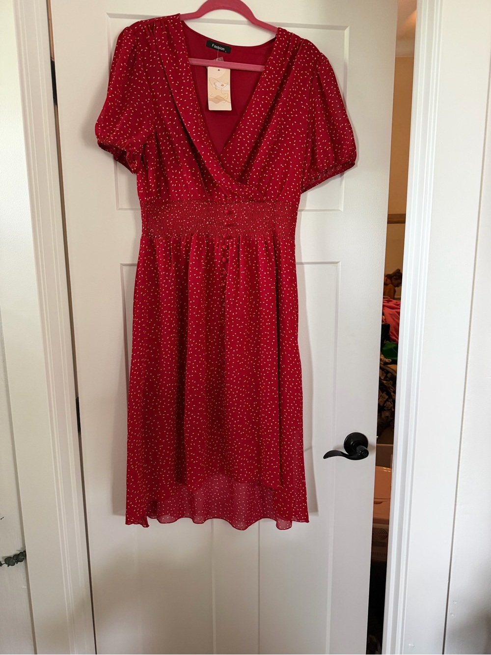 Red Polka Dot Midi Dress with Smocked Waist